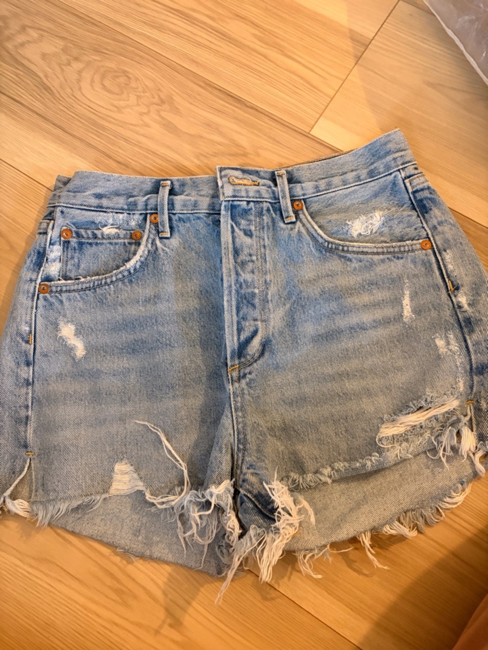 Agolde Light Blue Distressed High-Rise Denim Shorts